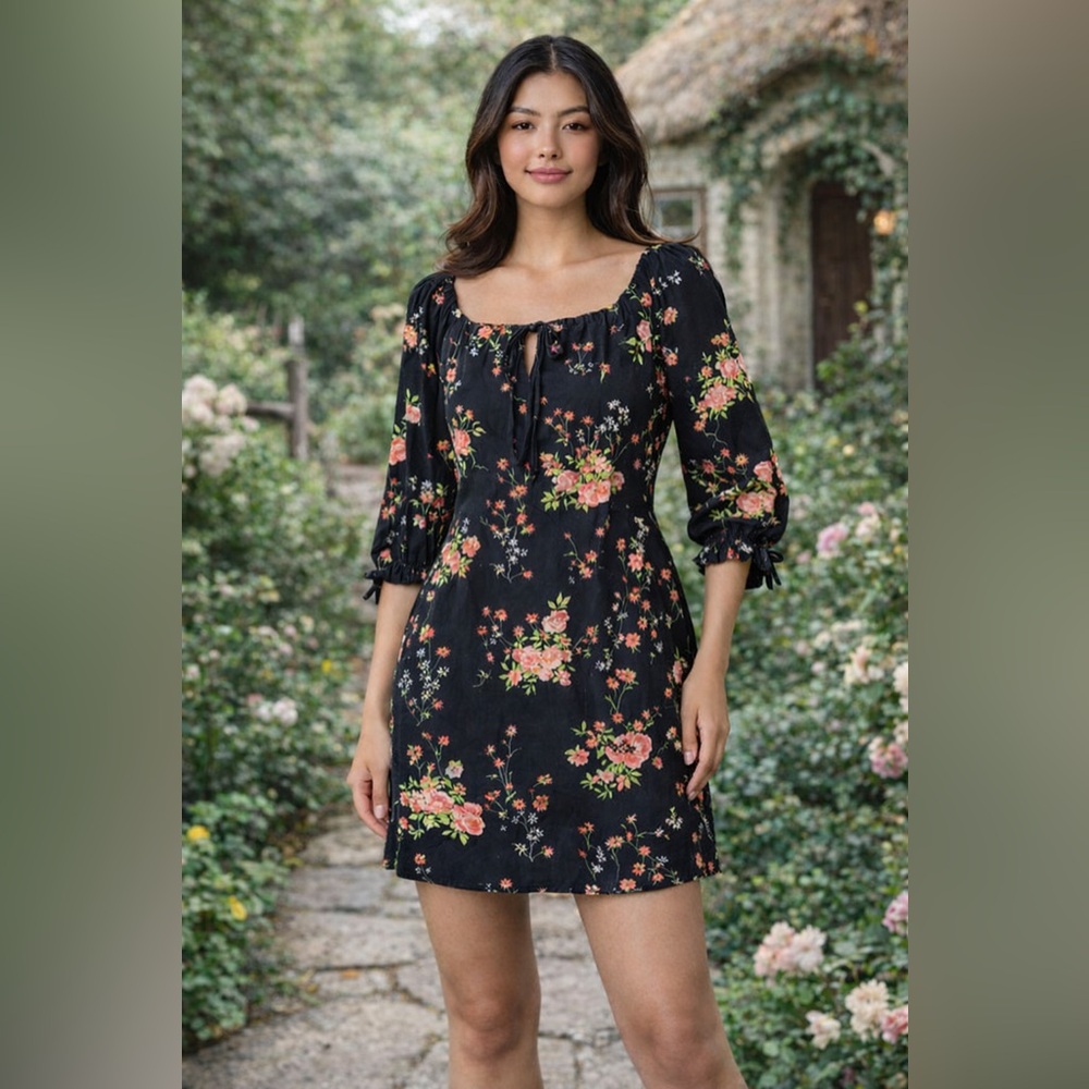Glamorous Black Floral Peasant Mini Dress Smocked Back Size 6